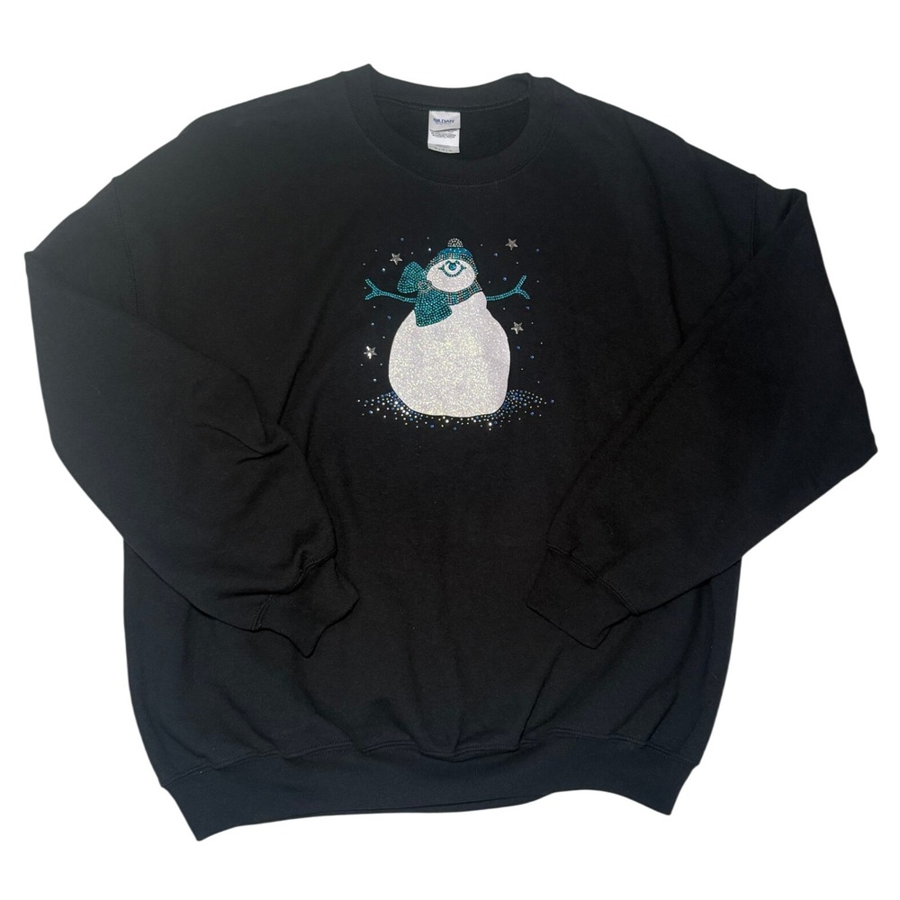 Gildan Black Snowman Rhinestone Christmas Holiday Sweatshirt XL